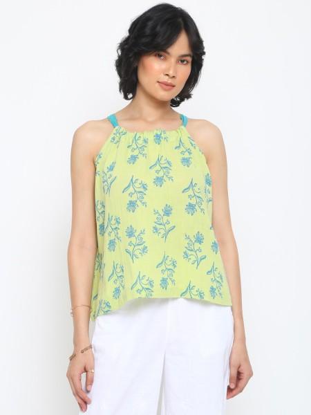 casual shoulder straps printed women green top