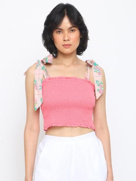 casual shoulder straps printed women pink top