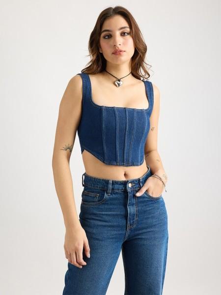 casual shoulder straps solid women blue top