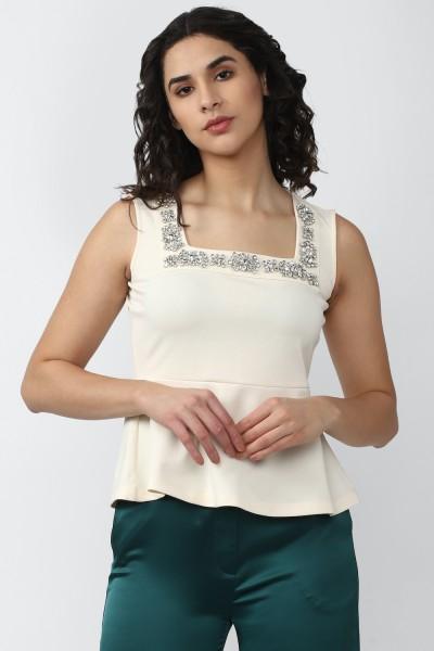 casual sleeveless embellished women beige top