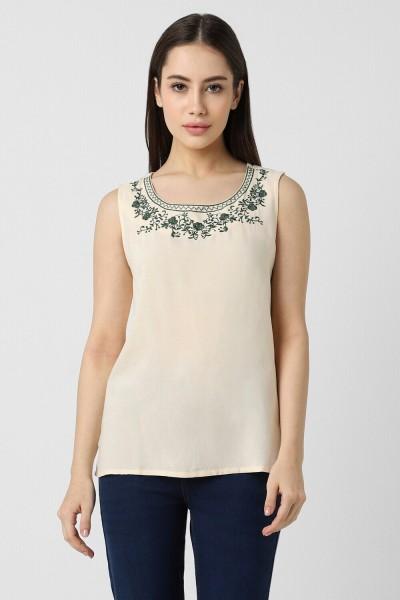 casual sleeveless embroidered women beige top