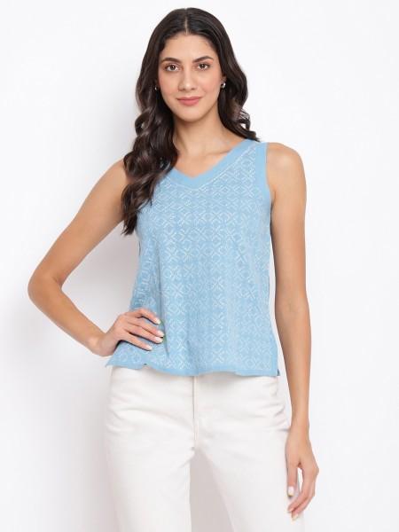 casual sleeveless embroidered women blue top