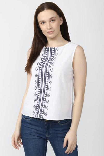 casual sleeveless embroidered women white top