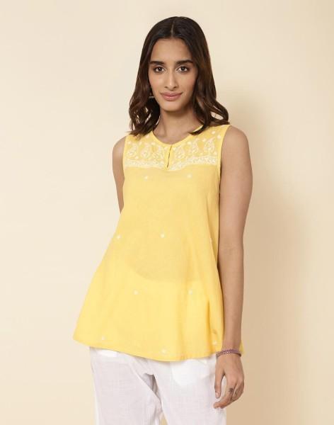 casual sleeveless embroidered women yellow top