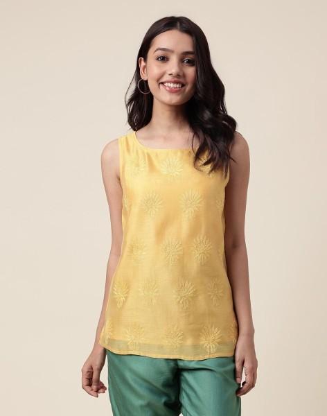 casual sleeveless embroidered women yellow top