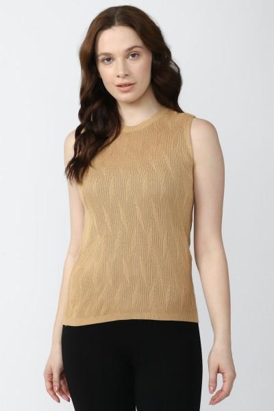 casual sleeveless self design women beige top