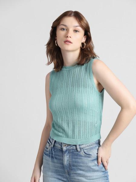 casual sleeveless self design women light blue top