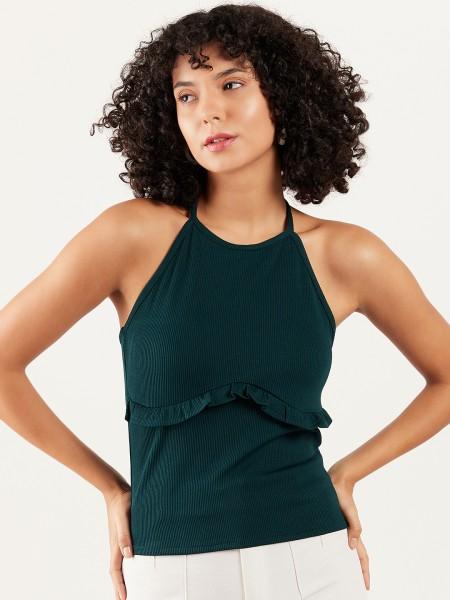 casual sleeveless solid women dark green top