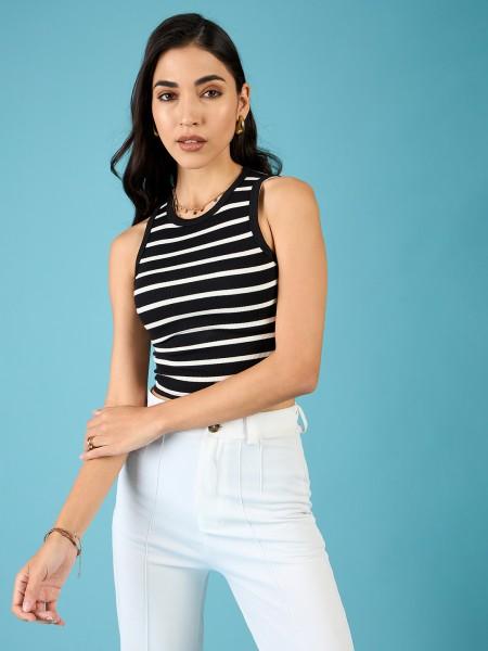 casual sleeveless striped women black top