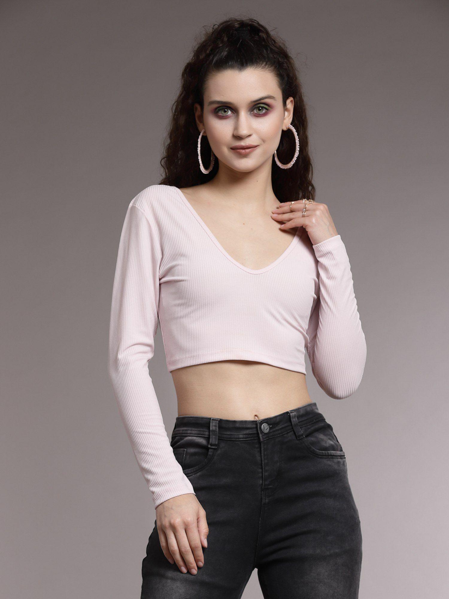 casual textured women pink crop top