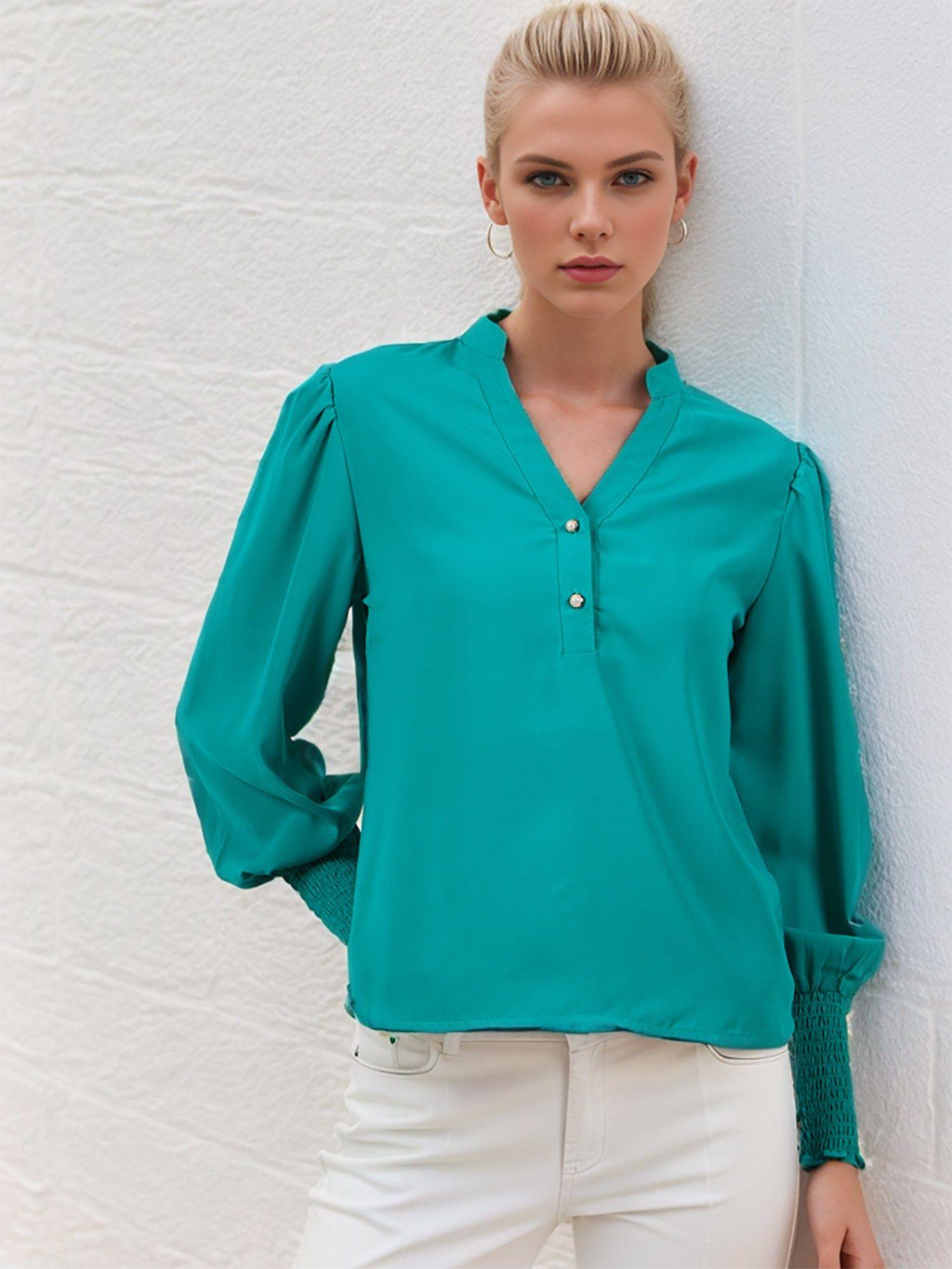 casual turquoise colour mandarin neck solid regular top