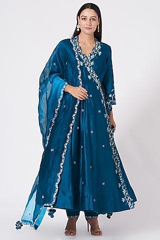 catalina blue hand embroidered angrakha kurta set