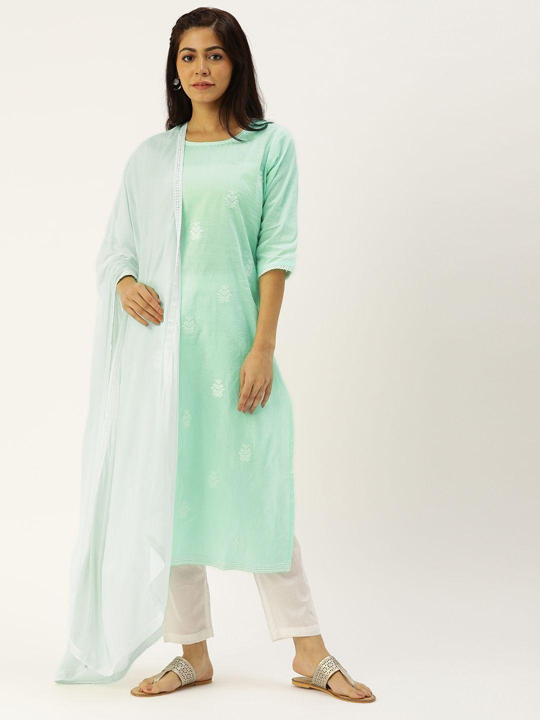 catchy women blue & white embroidered kurta with trousers & dupatta