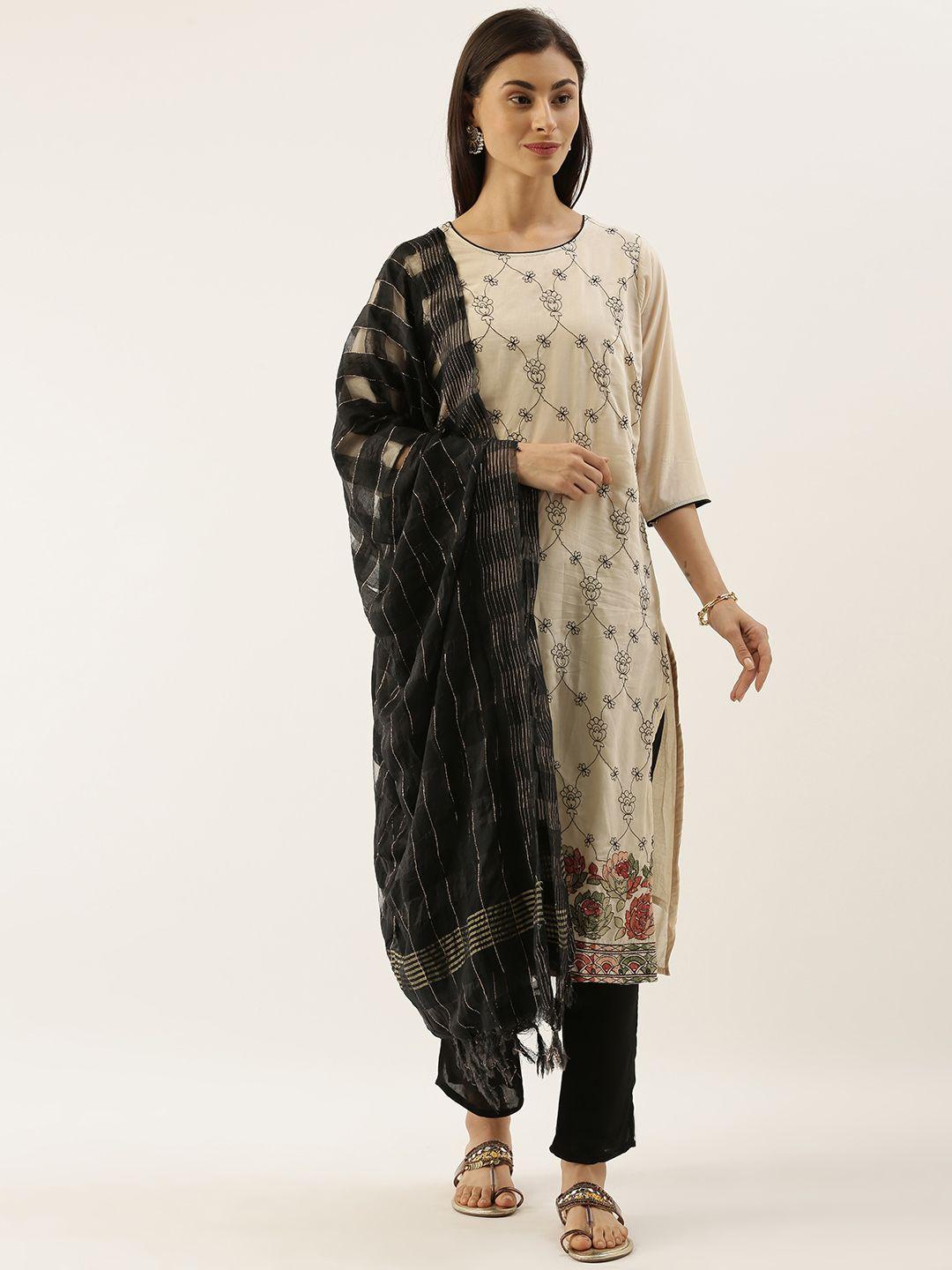 catchy women cream-coloured & black embroidered kurta with trousers & dupatta