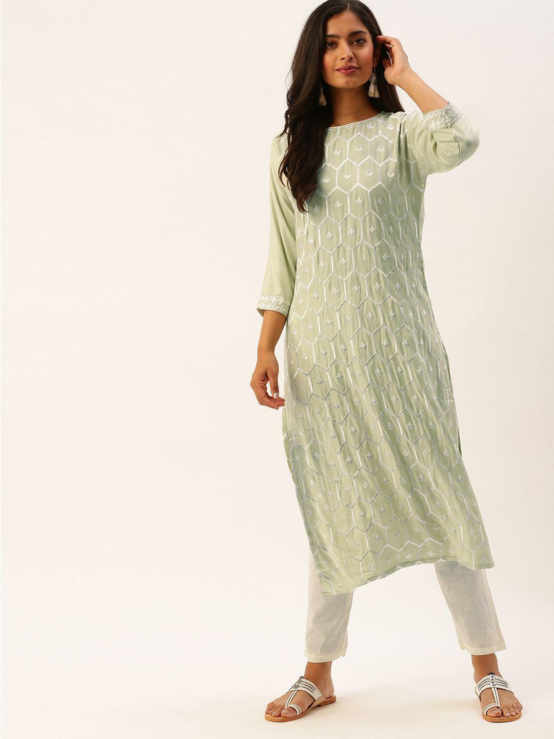catchy women green & off-white embroidered kurta with trousers