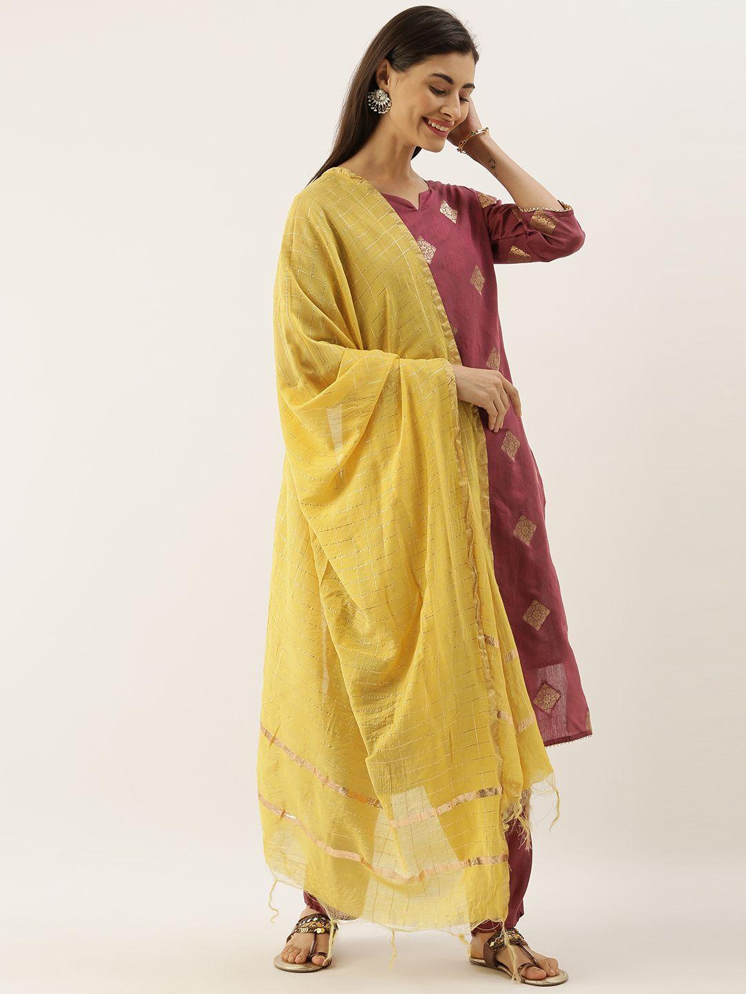 catchy women maroon & mustard yellow woven design kurta with trousers & dupatta