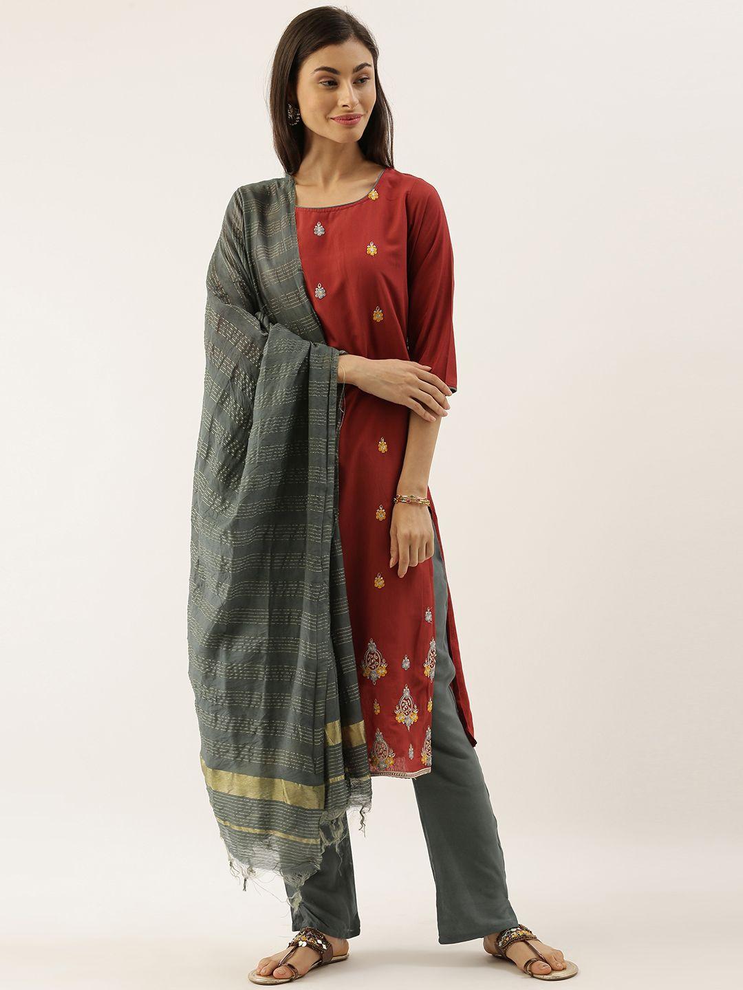 catchy women rust brown & grey embroidered kurta with trousers & dupatta