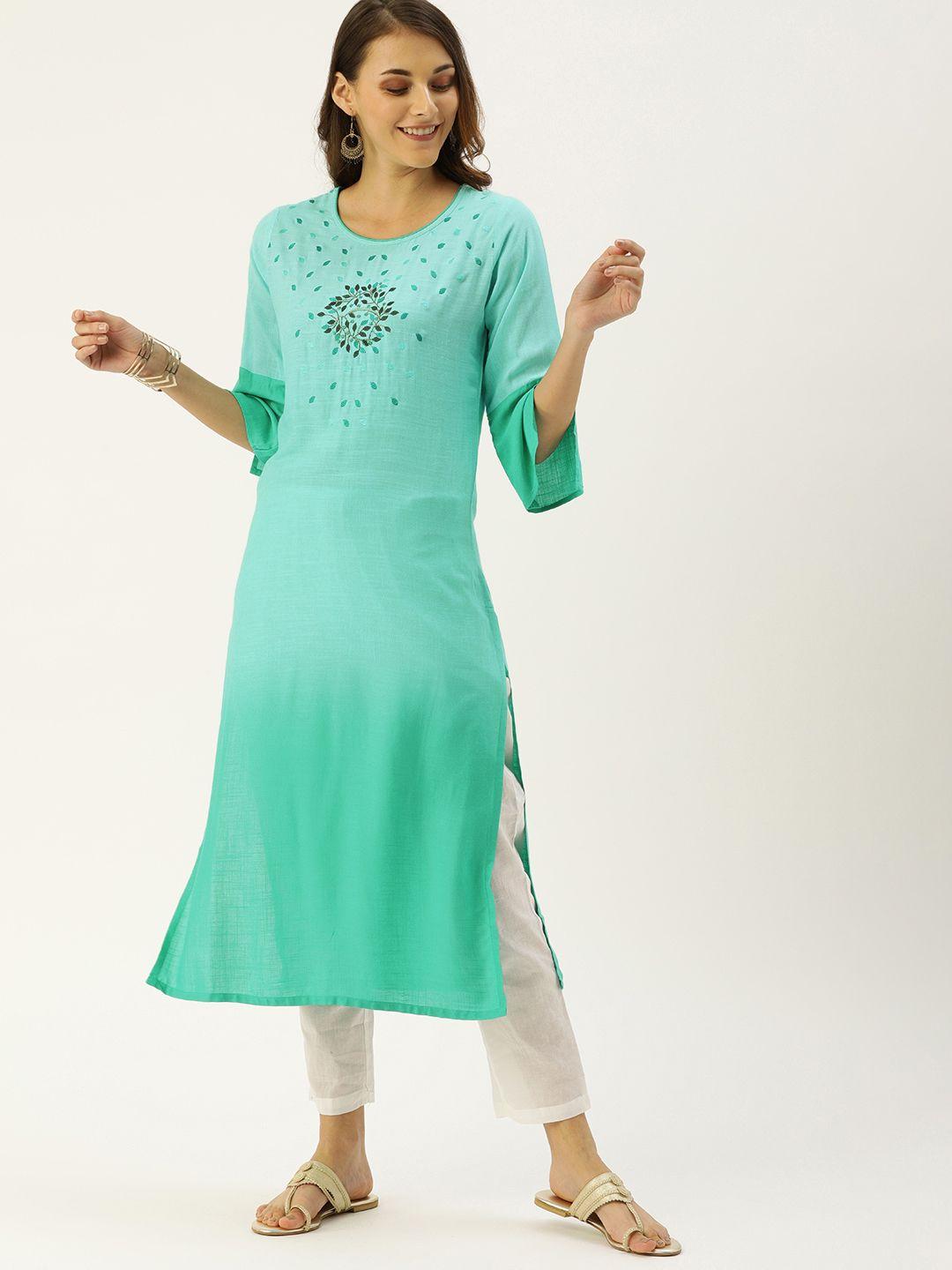 catchy women sea green embroidered yoke design ombre straight kurta