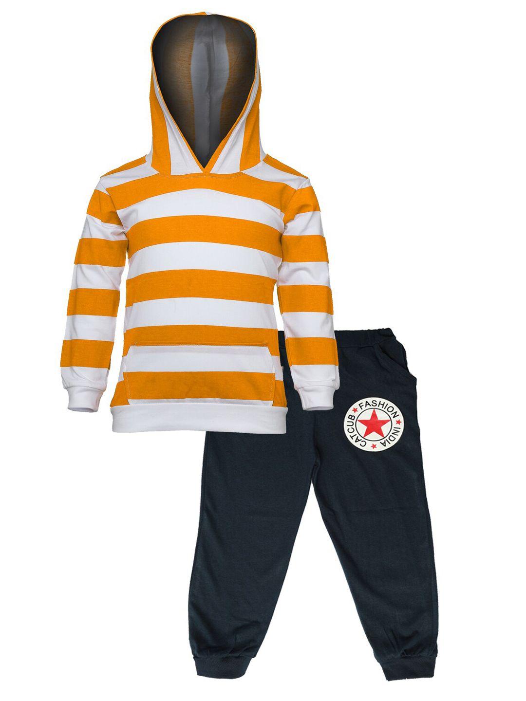 catcub-kids-yellow-&-white-striped-pure-cotton-hooded-t-shirt-with-trousers