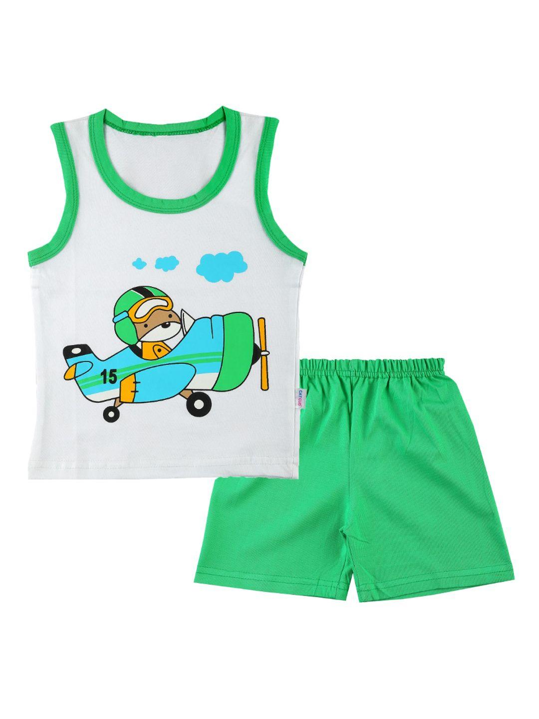 catcub unisex kids green & white printed pure cotton t-shirt with shorts