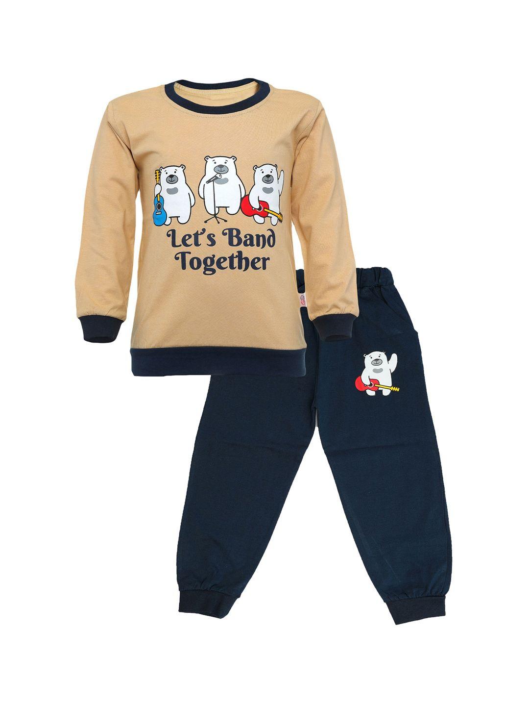 catcub unisex kids beige & navy blue printed t-shirt with trousers