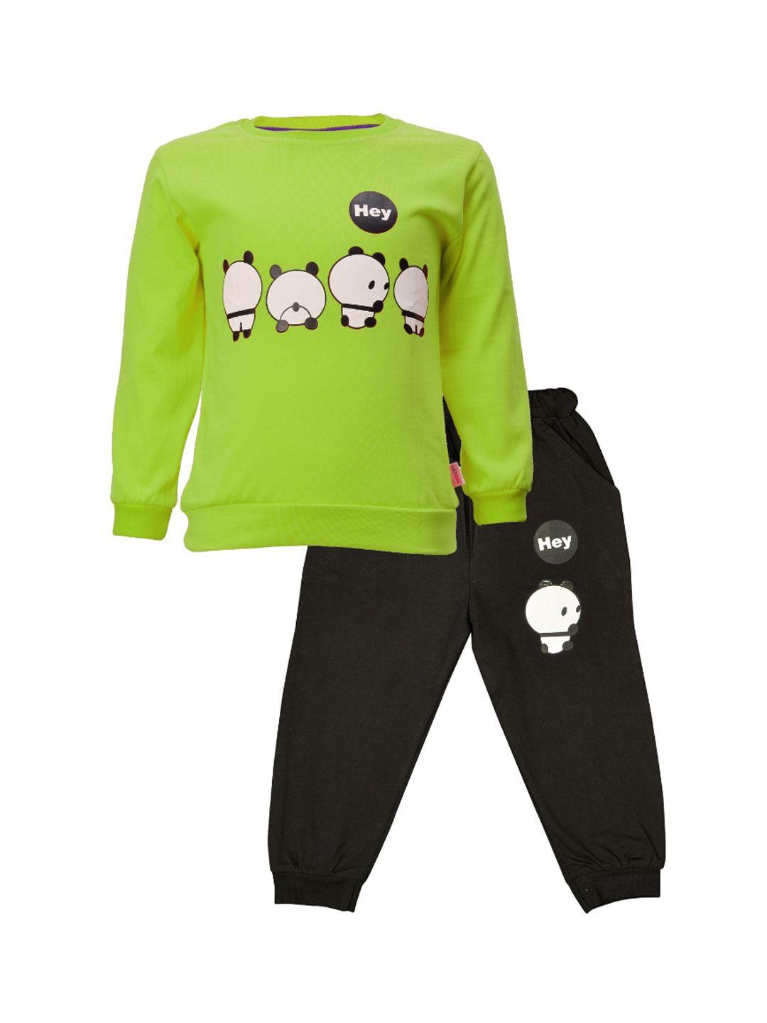catcub unisex kids fluorescent green & black printed pure cotton t-shirt with trousers