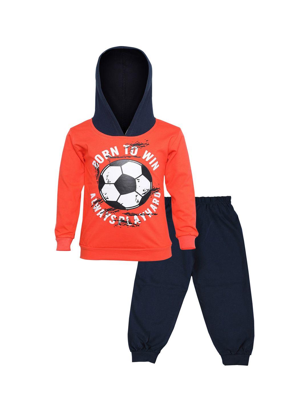 catcub unisex kids orange & navy blue printed t-shirt with trousers