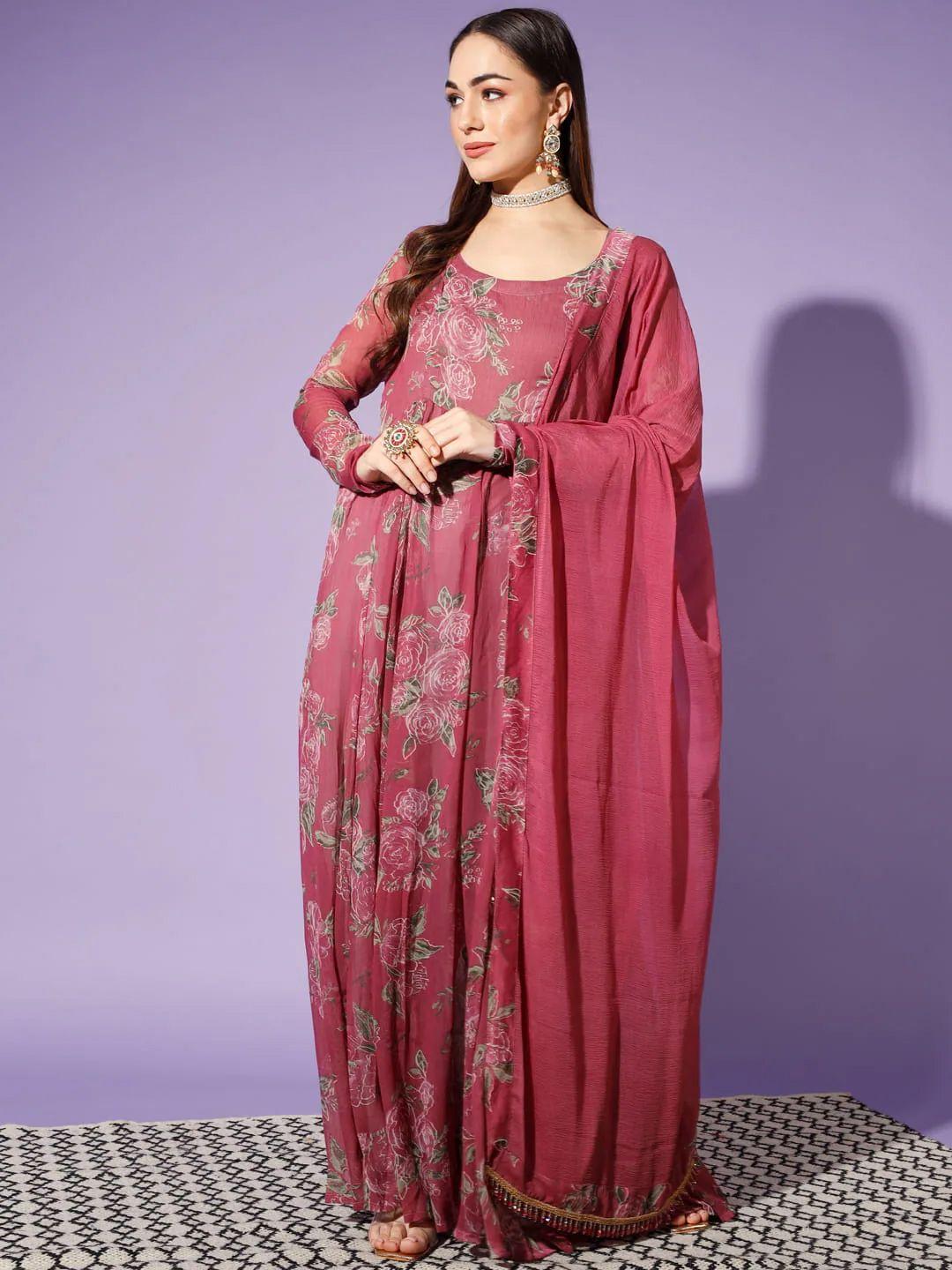 cation floral printed anarkali kurta with trousers & dupatta