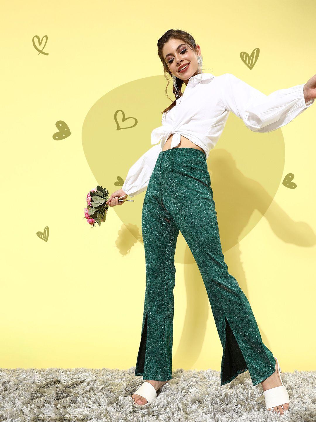 cation gorgeous green solid bling and sparkly trousers