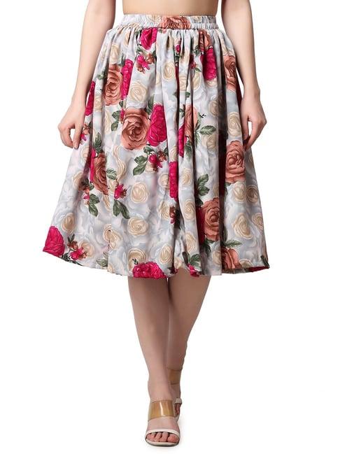 cation grey floral print a-line midi skirt