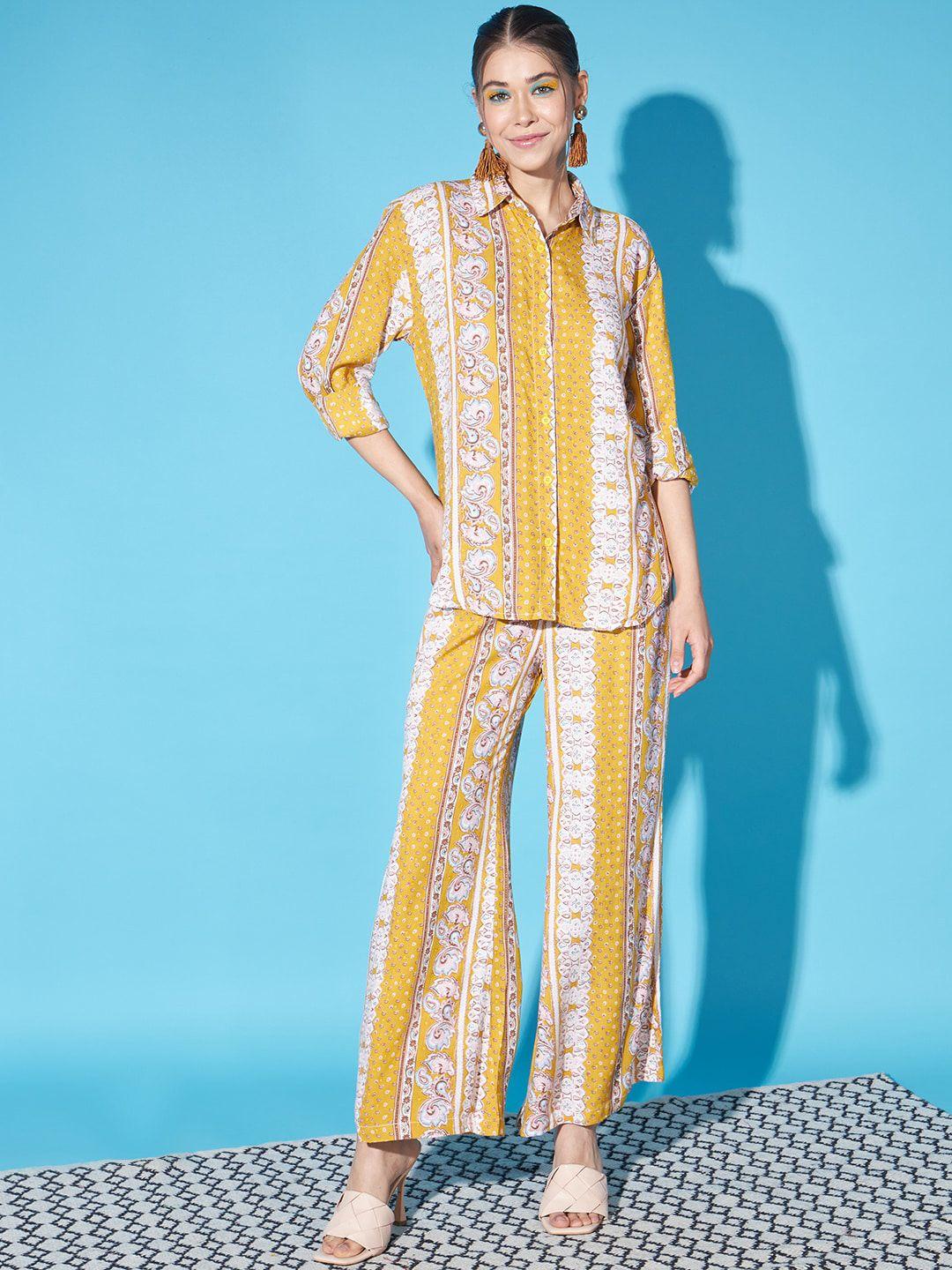 cation mustard & white ethnic motifs printed shirt with palazzos