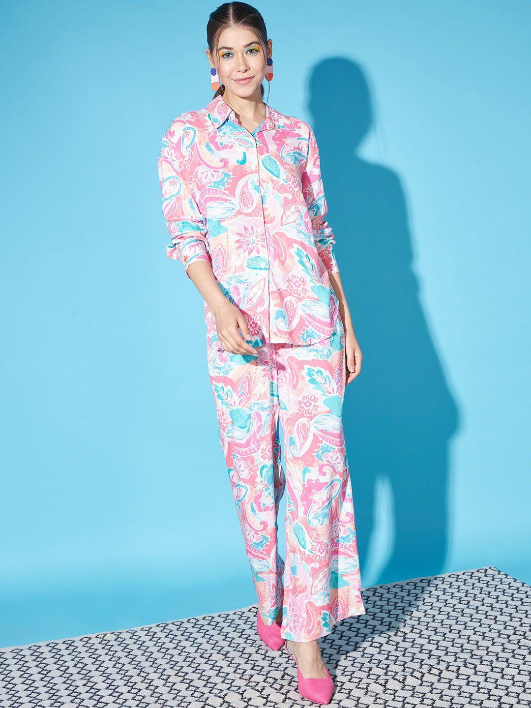 cation pink & blue floral printed shirt with palazzos