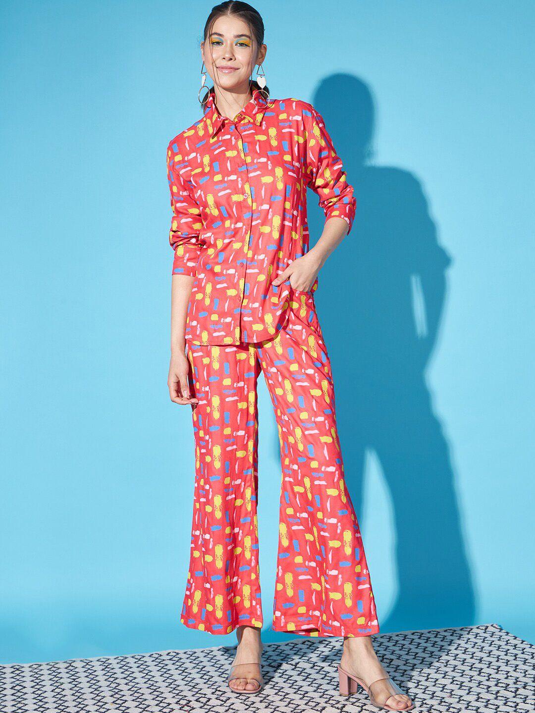 cation red abstract printed pure cotton shirt & trousers co-ords