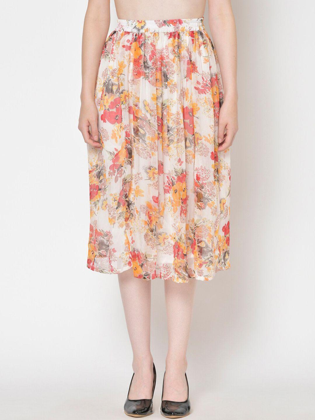 cation white & yellow floral printed flared skirt