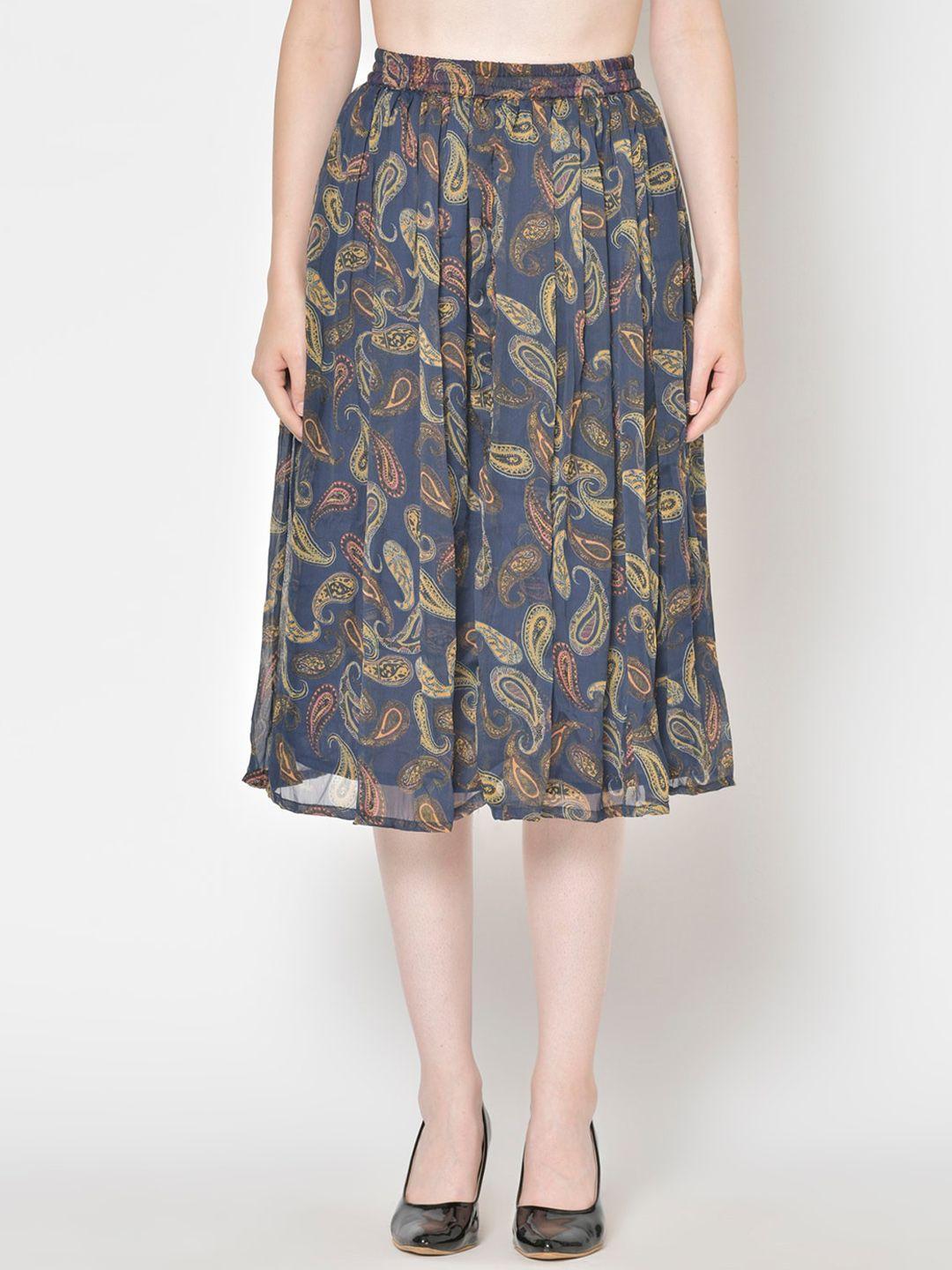 cation women blue & yellow floral printed flared skirt