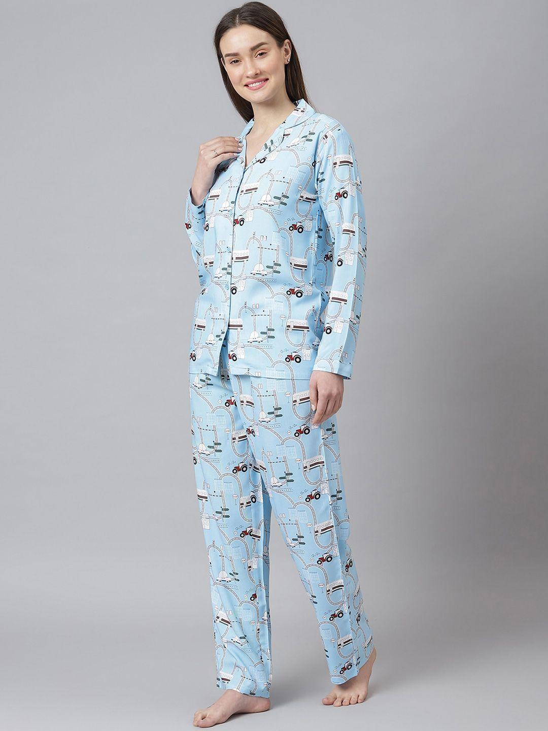 cation-women-blue-printed-night-suit