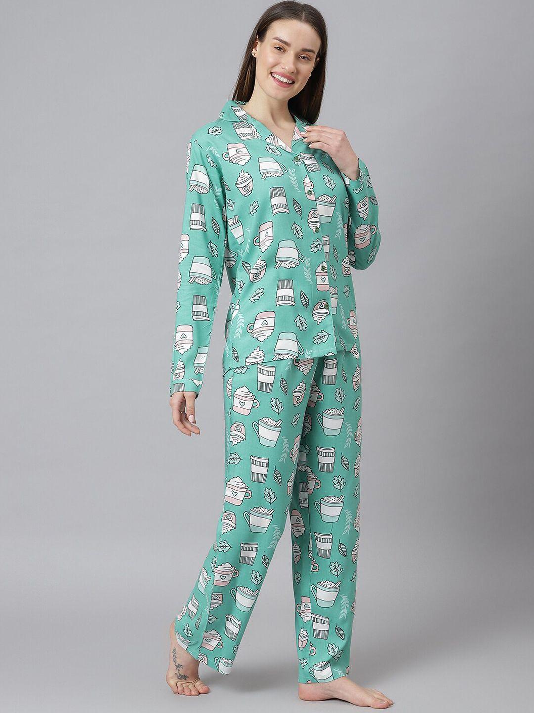 cation-women-green-&-white-printed-night-suit
