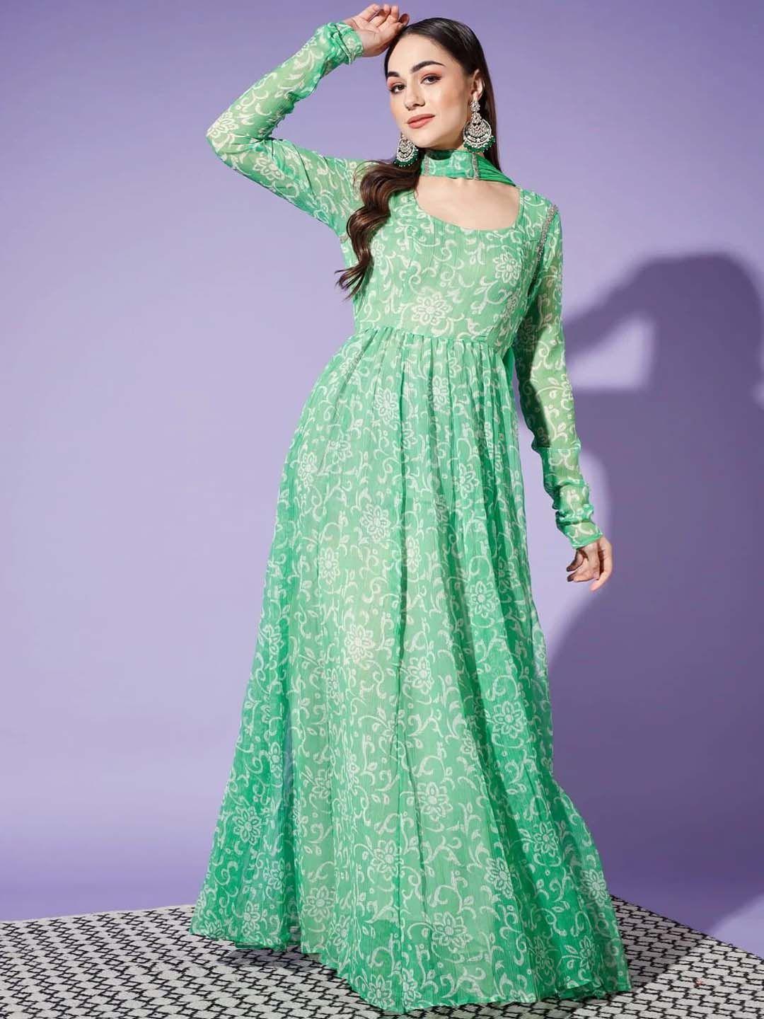 cation women green ethnic motifs printed regular kurta with trousers & with dupatta