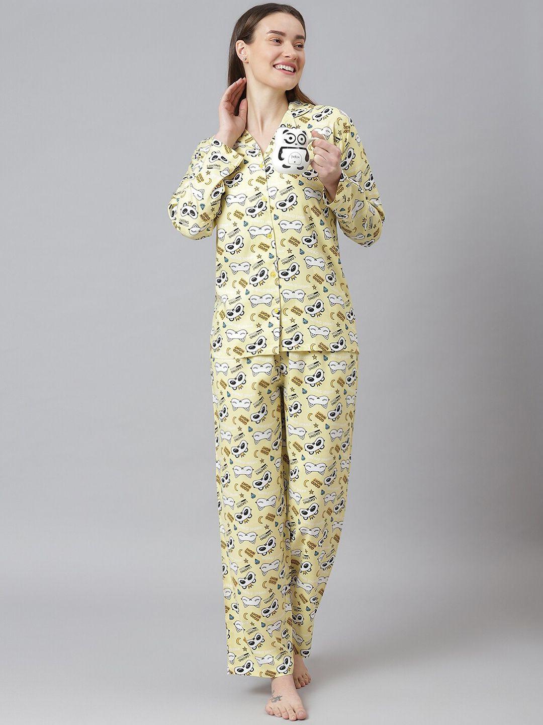 cation women yellow & black humour and comic printed night suit