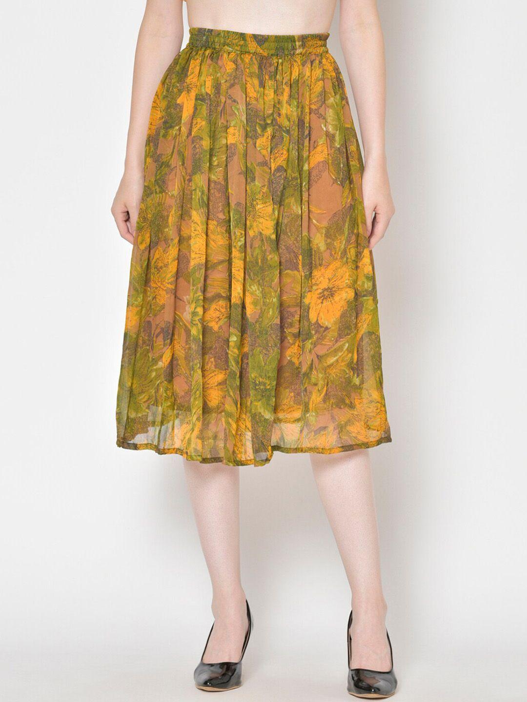 cation women yellow & olive green floral printed flared midi skirt