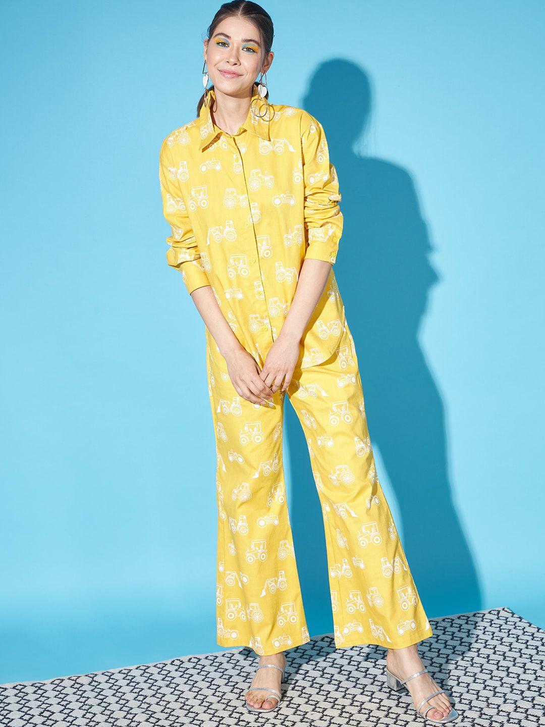 cation yellow & white conversational printed pure cotton shirt with palazzos