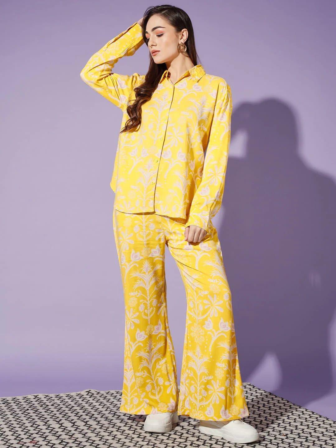cation yellow printed pure cotton shirt with trousers