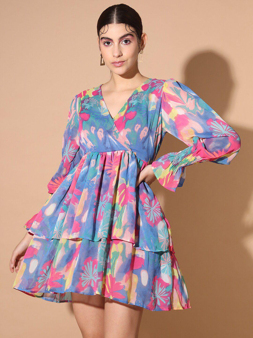 cation absatrct printed puff sleeves chiffon fit & flare dress