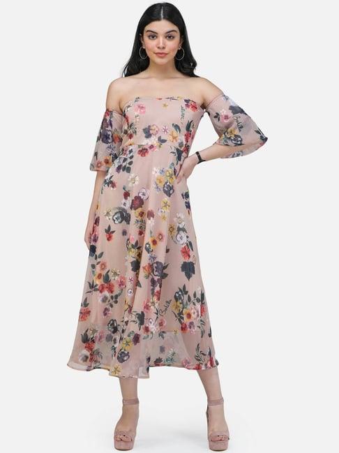 cation beige floral print a-line dress