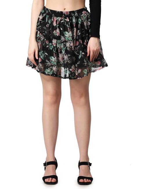 cation black floral print mini skirt