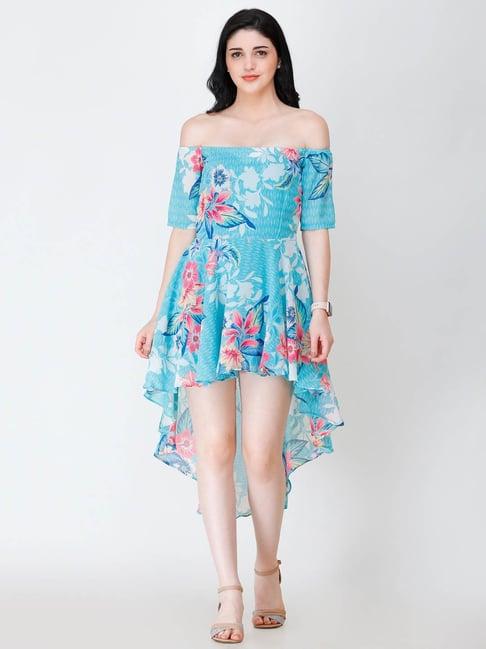 cation blue printed high-low dress