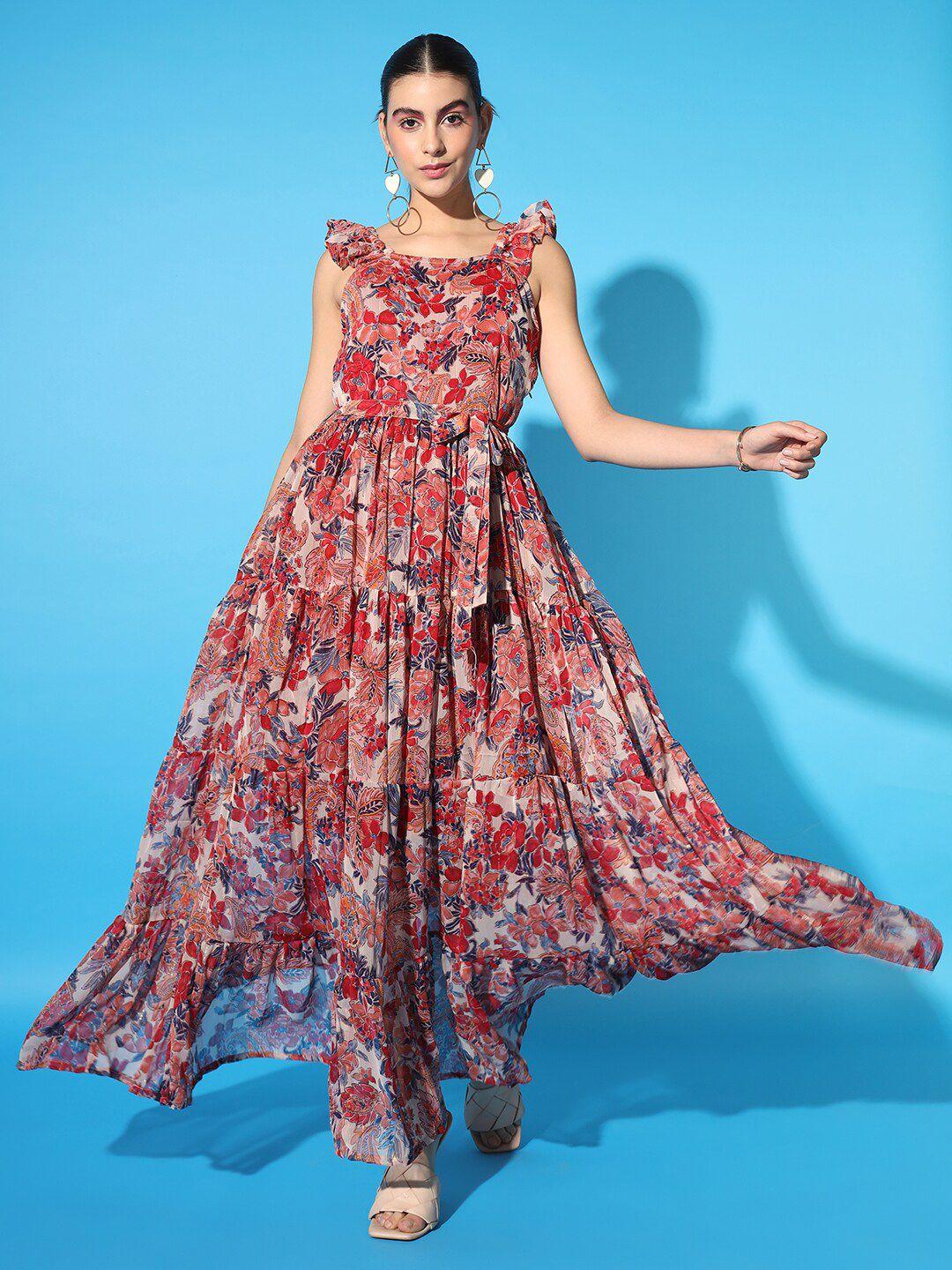 cation floral print tiered chiffon fit & flare maxi dress