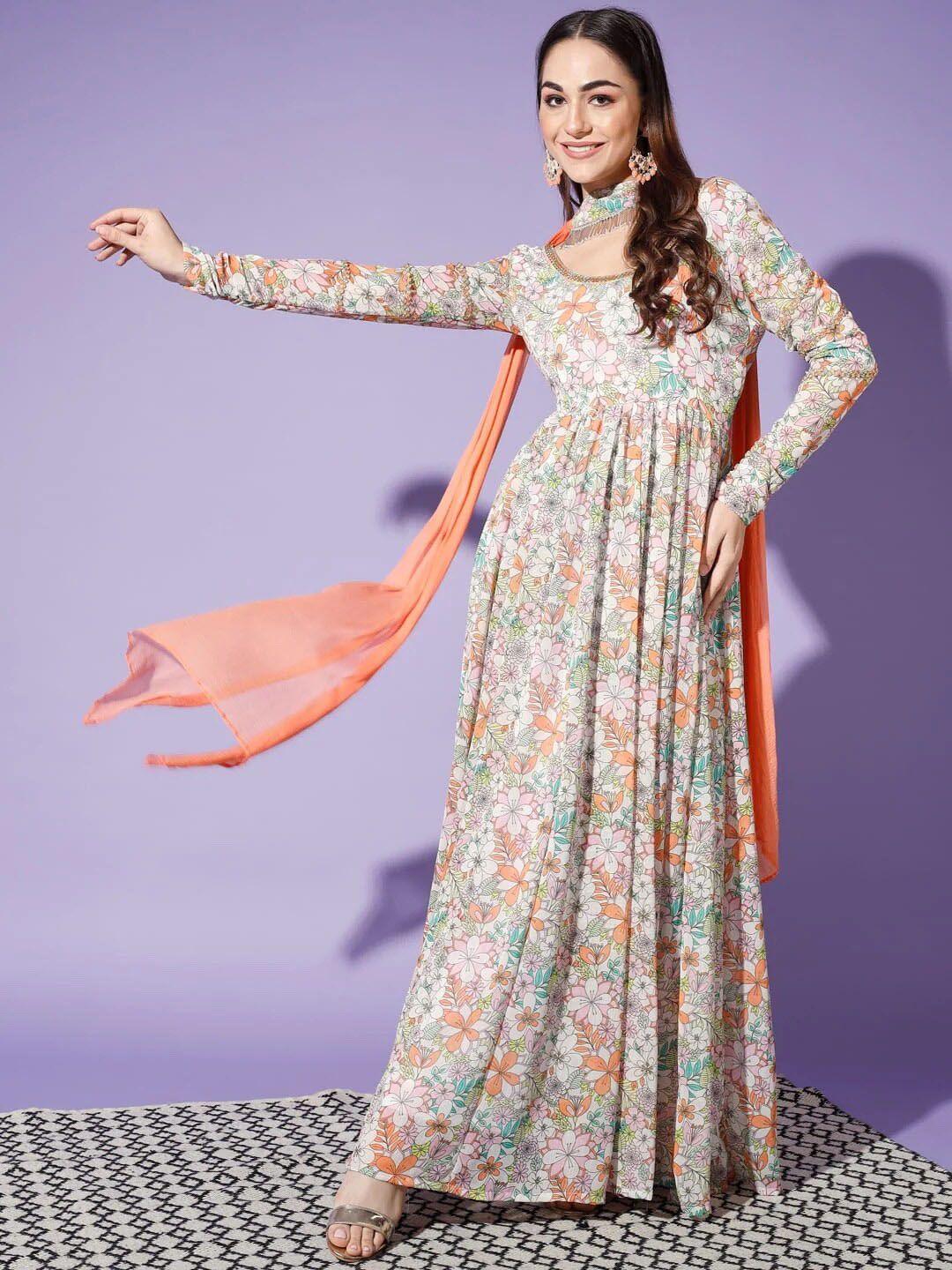 cation floral printed long sleeves anarkali kurta with dupatta