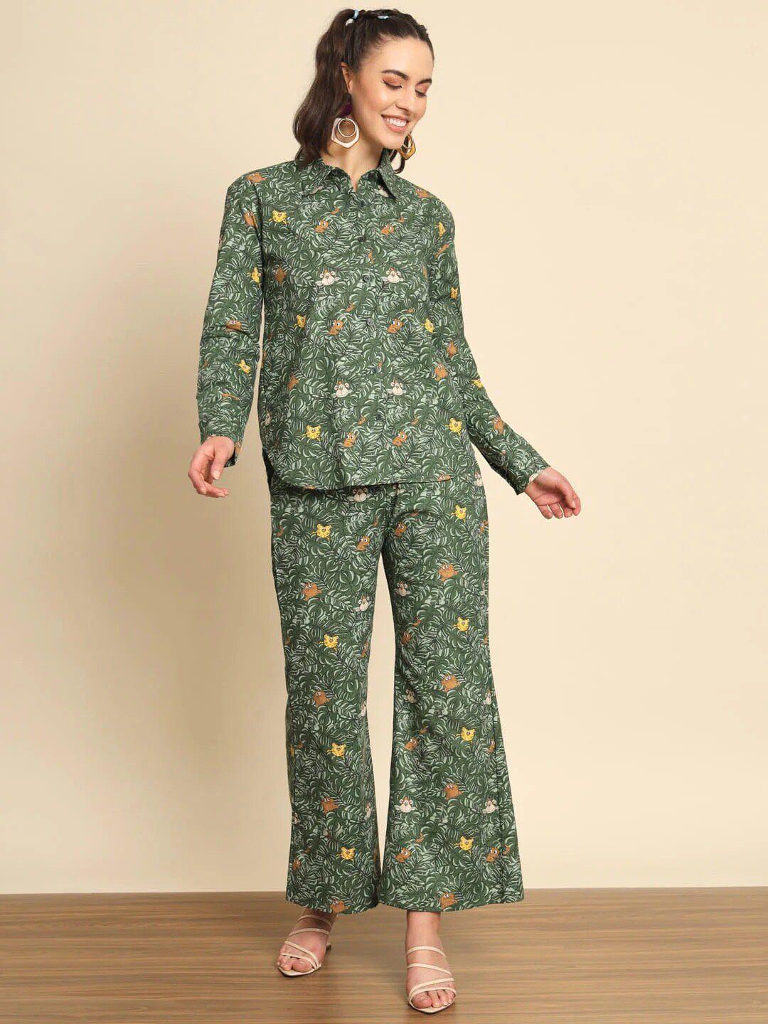 cation green floral printed shirt with trousers