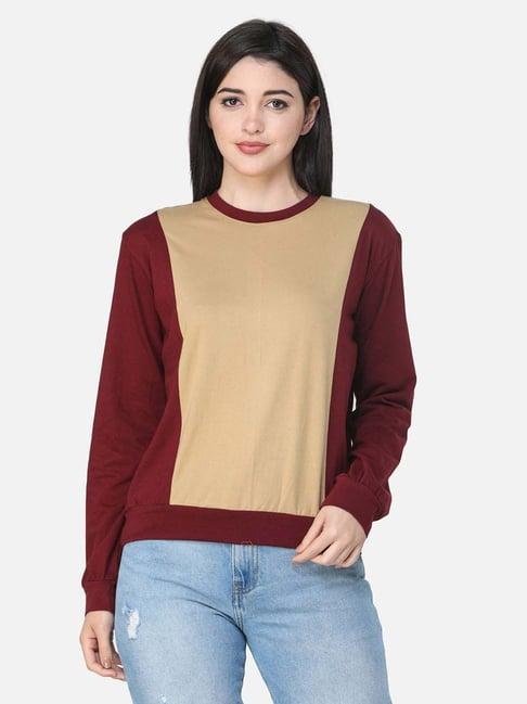 cation maroon & beige color-block top